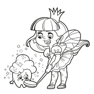 Cute little girl tooth fairy holds a dental mirror and helps the tooth to wash outlned for coloring on white background