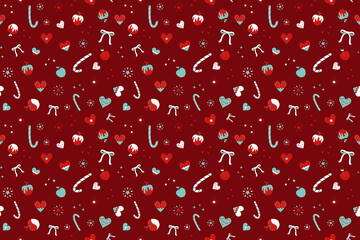 Seamless festive background with christmas sweets and decoration.