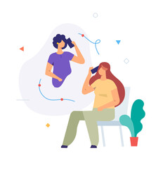 girl talking on the phone with her friend, home, care, rest, leisure set of icons, illustration. Smartphones tablets user interface social media.Flat illustration Icons infographics. Landing page site