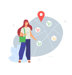 the girl is standing by the map, the location of shopping places and shops, leisure tourism, health, social networks set of icons, illustration. Smartphones tablets user interface social media.Flat