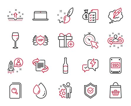 Vector Set of line icons related to Accounting wealth, Employee and Copyright chat icons. Clean skin, Marketing and Add gift signs. Recruitment, Wine glass and Vip security. Ssd, Laptop. Vector