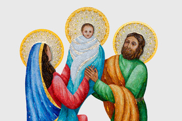 Mosaic of Jesus Christ with Mary and Joseph isolated on a white background