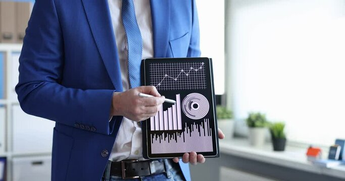 Businessman studying charts on digital tablet and showing okay gesture 4k movie