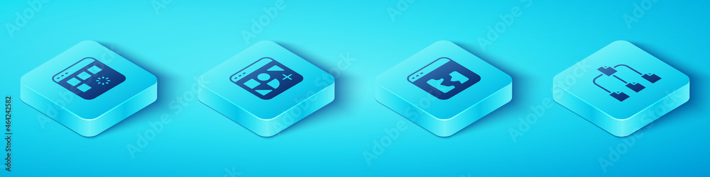 Poster set isometric loading data window, different files, folder tree and broken icon. vector