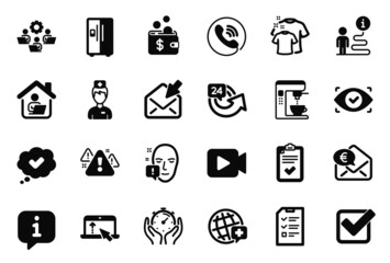 Vector Set of Business icons related to Checkbox, Doctor and Timer icons. Swipe up, Approved and Work home signs. Refrigerator, Biometric eye and Interview. Checklist, Warning and 24 hours. Vector