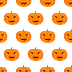 Halloween night lantern seamless pattern. Pumpkin with a scary orange face. Evil Halloween character, in cartoon style. Children s entertainment evening for the holiday.