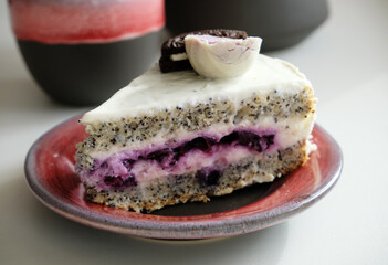 Piece of cake on a plate. With poppy seeds, blueberries, white chocolate