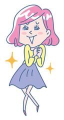 笑顔で喜ぶ若い女性の全身イラスト