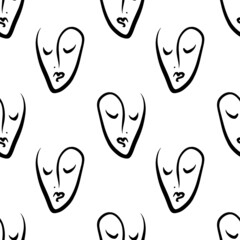 Abstract faces seamless pattern. Modern minimal art. Continuous line drawing.
