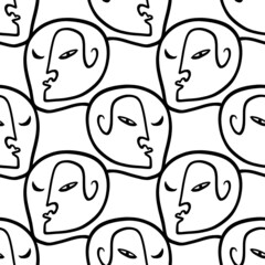 Abstract faces seamless pattern. Modern minimal art. Continuous line drawing.
