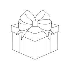 gift icon, box tied with ribbon with bow, black outline isolated on white background, vector illustration