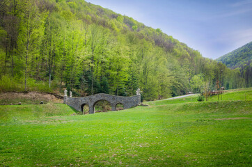 Fototapeta na wymiar stone bridge over a small river. Voevodyno resort. beautiful landscape in the carpathians.