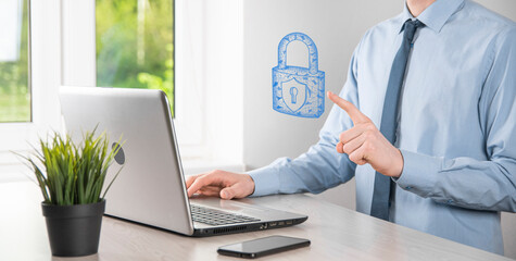 Male hand holding a lock padlock icon.Cyber security network. Internet technology...