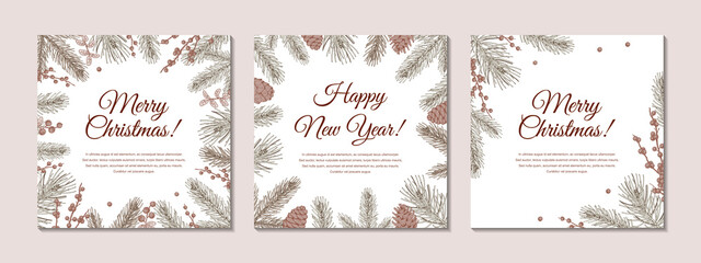 Set of hand drawn Merry Christmas and Happy New Year greeting cards with Christmas tree branches and holly berries. Vintage vector illustration