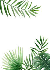 Tropical leaves card template. Green palm jungle florals. Watercolor free-hand illustration for card, wedding invitation, banner, event flyer, poster, presentation, menu, lifestyle