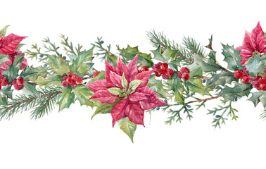 Beautiful horizontal floral christmas seamless pattern with hand drawn watercolor winter flowers such as red poinsettia holly. Stock 2022 winter illustration.