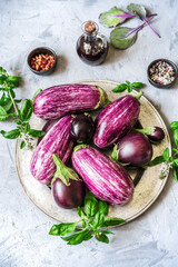 Eggplants on the plate with herbs, olive oil and spices