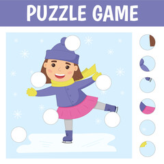 Cartoon illustration of educational match the pieces jigsaw puzzle Game for Children. The girl skates in winter.