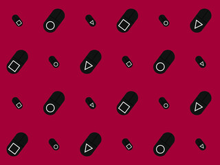 Abstract twxture. Seamless pattern with Square, Circle, Triangle in white and black colors on dark red background. Background for wrapping paper and design. Vector flat illustration.