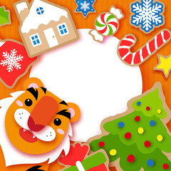 Obraz na płótnie Canvas Happy New Year greeting card. Chinese Tiger New Year, Christmas Santa,tree, bell, gift, deer, snowflakes, lollipop, holly. Christmas gingerbread paper cut style Winter holidays