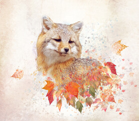 Red fox with autumn leaves, watercolor