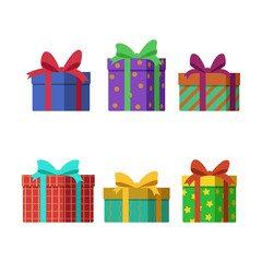 Set of gift boxes. Beautiful festive symbol packaging. Color vector illustration flat style. White isolated background.
