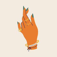 Vector illustration female manicured hands with different modern jewelry and accessories. Fashion and beauty concept.