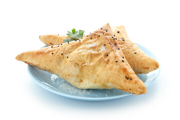 Samsa with ingredients on plate isolated on white background