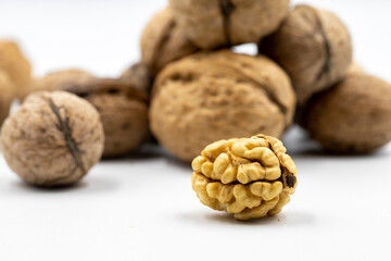 close-up walnut kernel on white background