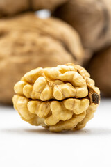 close-up walnut kernel on white background