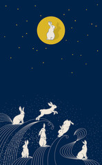 Mid Autumn festival, White Rabbit with Full Moon and Water wave in Retro style. Background Vector Design
