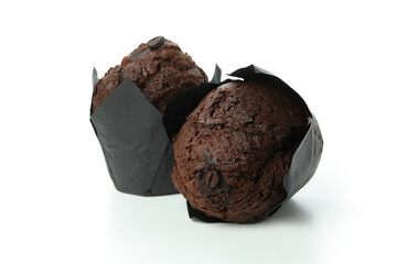 Tasty chocolate muffins isolated on white background