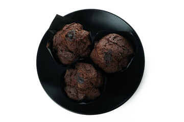 Plate with chocolate muffins isolated on white background