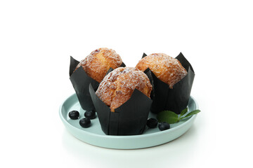 Plate with chocolate muffins isolated on white background