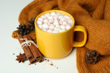 Concept of tasty drink with cocoa on white background