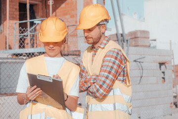 Equipo de arquitectos de una constructora para una inmobiliaria trabajando en equipo con cascos...