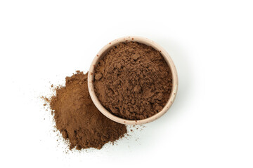 Cocoa powder in bowl isolated on white background