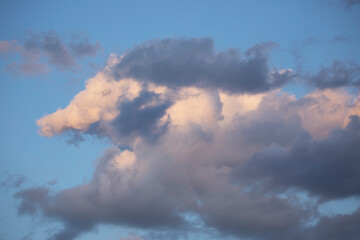 Obraz premium Nuages roses et gris bleuté en forme d'animal courant sur fond de ciel bleu d'un soir d'été dans le Sud de la France.