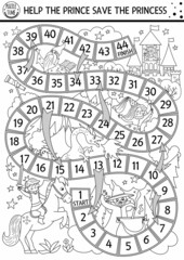 Fairytale lack and white dice coloring board game with castle. Magic kingdom line boardgame.  Fairy tale activity, printable worksheet for kids. Help the prince save the princess.