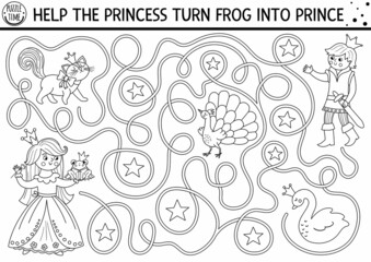 Fototapeta premium Black and white fairytale maze for kids with fantasy characters. Magic kingdom line preschool printable activity. Fairy tale labyrinth game or puzzle. Coloring page with princess, frog prince.