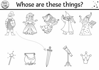 Black and white fairytale matching activity with cute characters. Magic kingdom coloring page with knight, fairy, princess. Match the objects printable worksheet, game. Whose are these things.