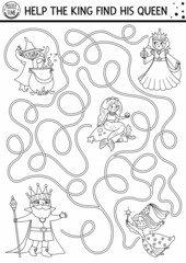 Black and white fairytale maze for kids with fantasy characters. Magic kingdom line preschool printable activity with witch, fairy, mermaid. Fairy tale labyrinth game. Coloring page with king, queen.