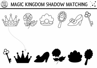 Fairytale black and white shadow matching activity with crown, mirror, shoe. Magic kingdom puzzle. Find correct silhouette printable worksheet or game. Fairy tale coloring page for kids.