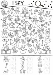 Black and white fairytale fantasy I spy game for kids. Searching, counting activity with castle, princess, prince. Magic kingdom printable worksheet or coloring page. Simple fairy tale puzzle.