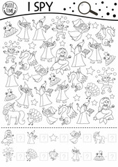 Black and white fairytale I spy game for kids with fantasy creatures. Searching and counting activity with dragon, frog prince. Magic kingdom printable worksheet or coloring page. Simple puzzle.