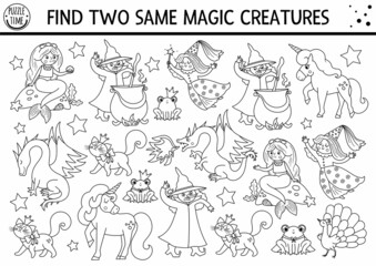 Find two same magic creatures. Black and white fairytale matching activity for children. Fantasy kingdom quiz worksheet or coloring page. Simple printable game with dragon, witch, unicorn.