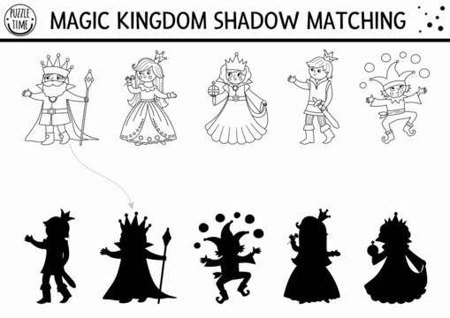 Fairytale black and white shadow matching activity with king, queen, prince, princess. Magic kingdom puzzle. Find correct silhouette printable worksheet or game. Fairy tale coloring page for kids.