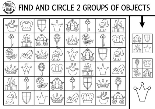 Fairytale seek and find game. Attention skills training puzzle with castle, crown, carriage. Magic kingdom black and white printable activity for kids. Fantasy searching puzzle or coloring page.