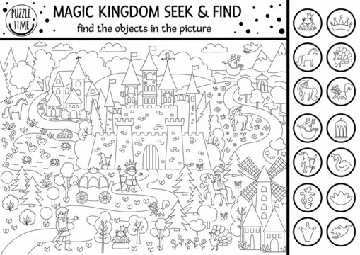 Vector black and white fairytale searching game with medieval castle landscape. Spot hidden objects in the picture. Simple fantasy seek and find magic kingdom printable activity or coloring page. © Lexi Claus
