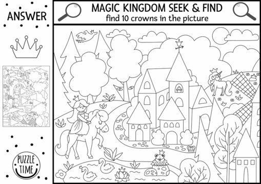 Vector fairytale searching game with medieval village landscape and princess. Spot hidden crowns in the picture. Simple fantasy seek and find magic kingdom educational printable activity for kids.